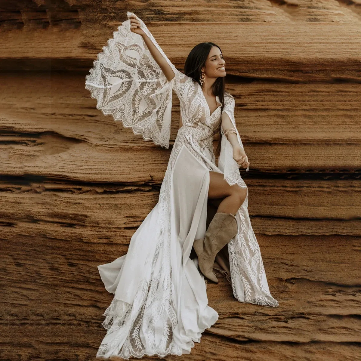 Bell Sleeves Boho Wedding Dress