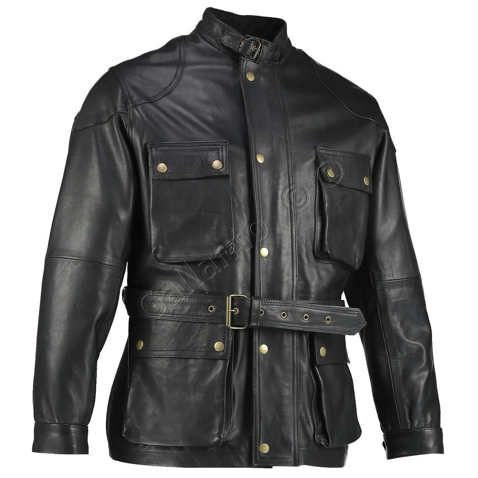 Black Benjamin Button Long Biker Leather Jacket Motorcycle