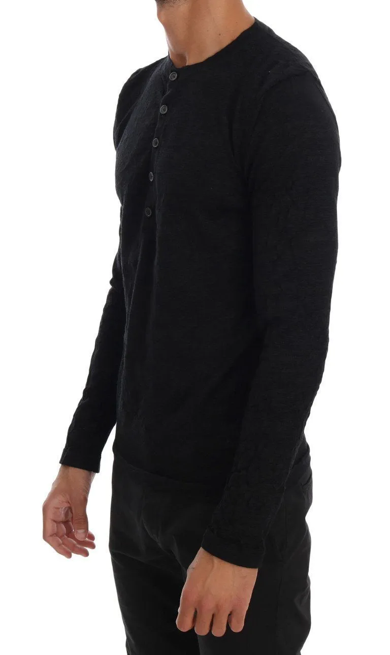 Black Cotton Blend Henley Sweater