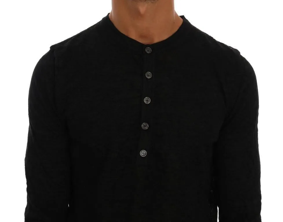 Black Cotton Blend Henley Sweater