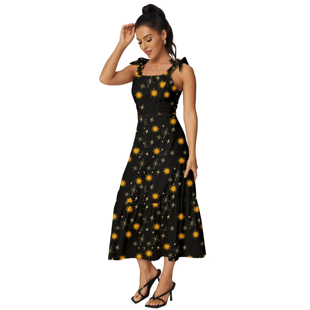 Black Whimsy Tie-Strap Tiered Midi Chiffon Dress