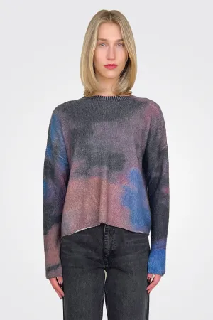 Blotch Print Boxy Raw Edge Crew - Navy Multi