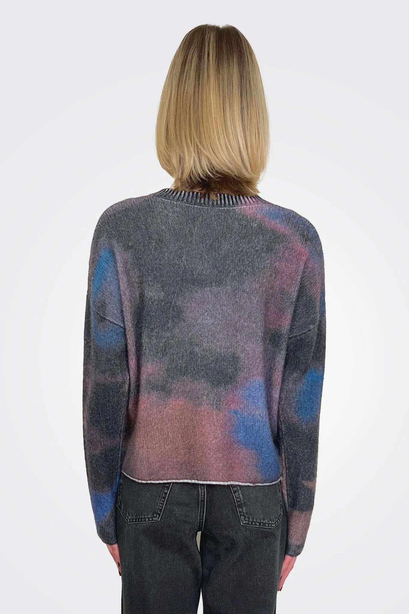 Blotch Print Boxy Raw Edge Crew - Navy Multi