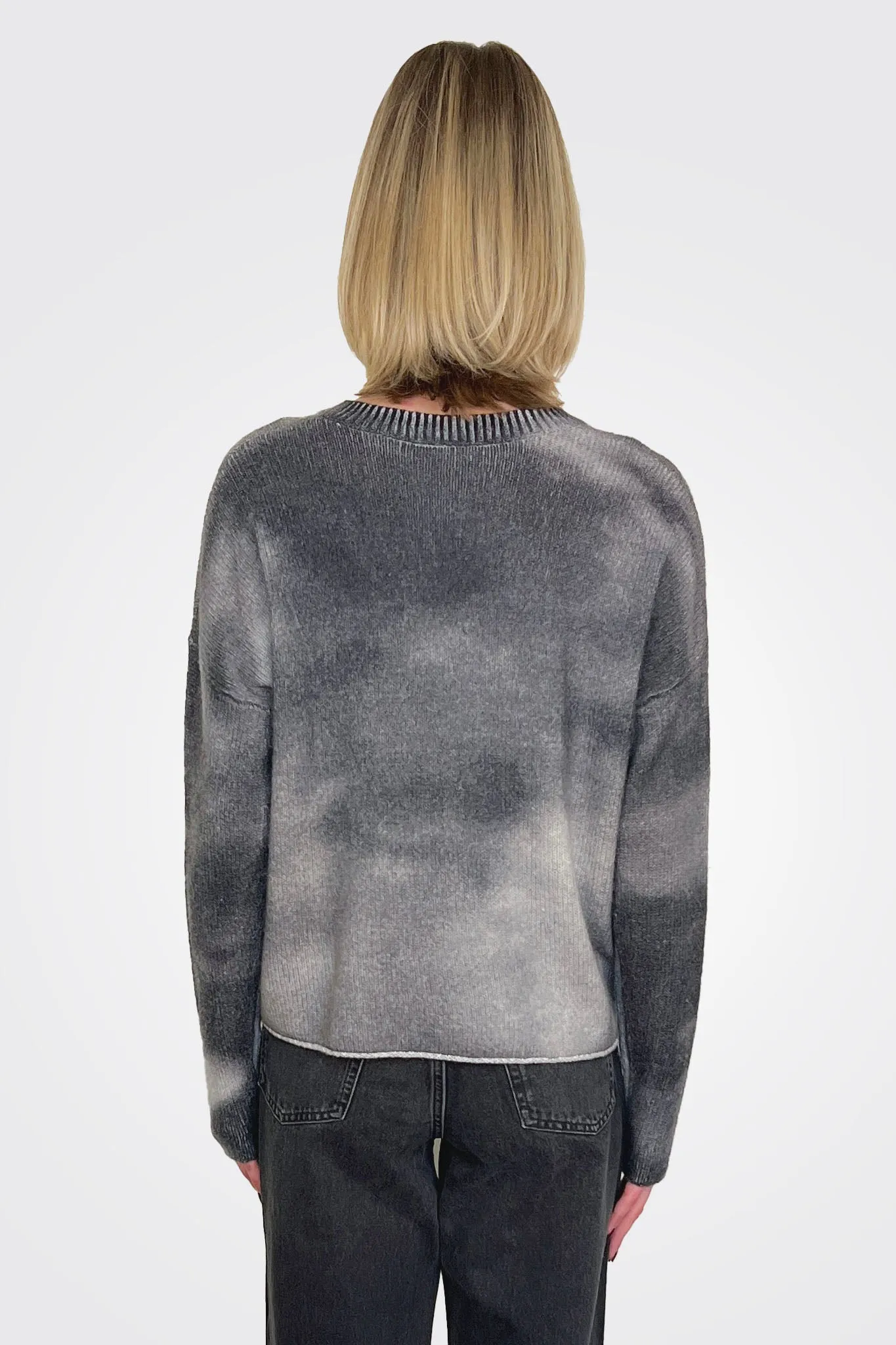 Blotch Print Boxy Raw Edge Crew - Pepper Multi