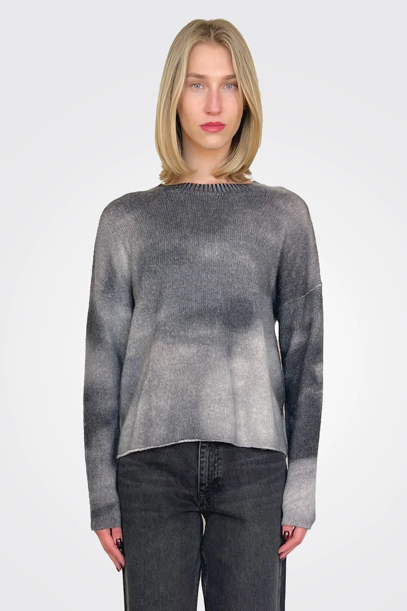 Blotch Print Boxy Raw Edge Crew - Pepper Multi