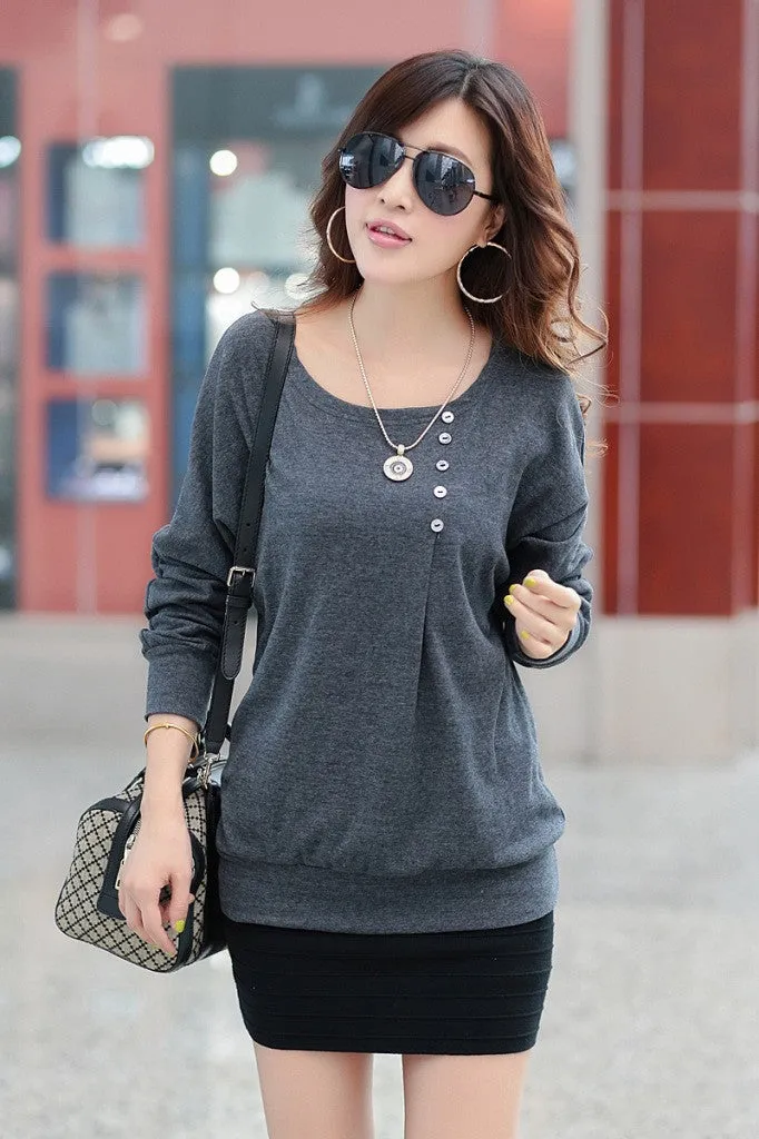 Blouse Women blouses Top With Buttons Long Sleeve O-neck Cotton Loose Shirt Batwing Sleeve Plus Size XXL 2XL