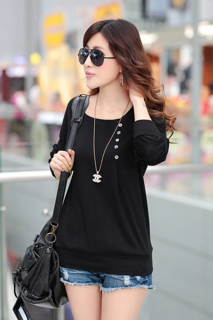 Blouse Women blouses Top With Buttons Long Sleeve O-neck Cotton Loose Shirt Batwing Sleeve Plus Size XXL 2XL