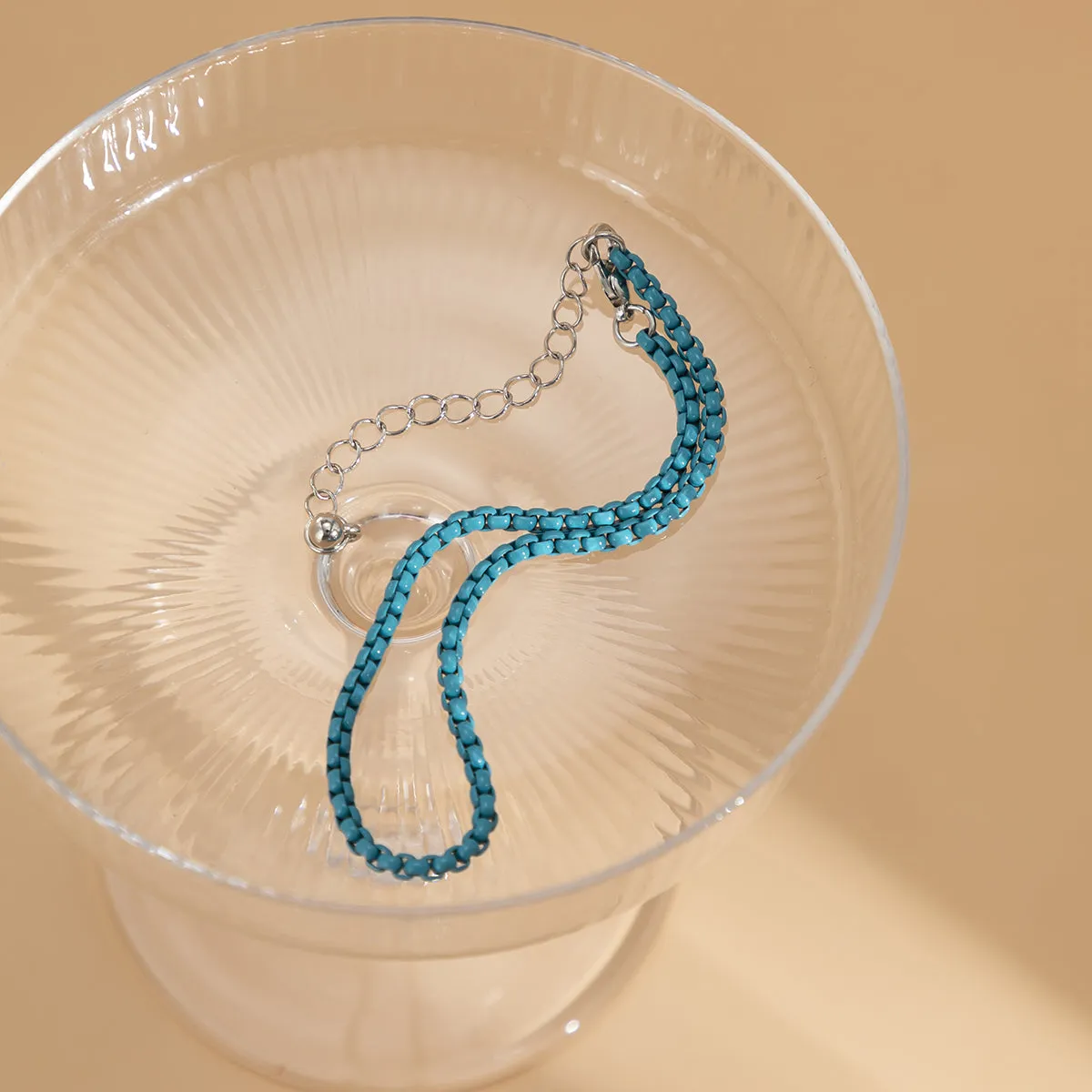 Blue Enamel & Silver-Plated Box Chain Anklet