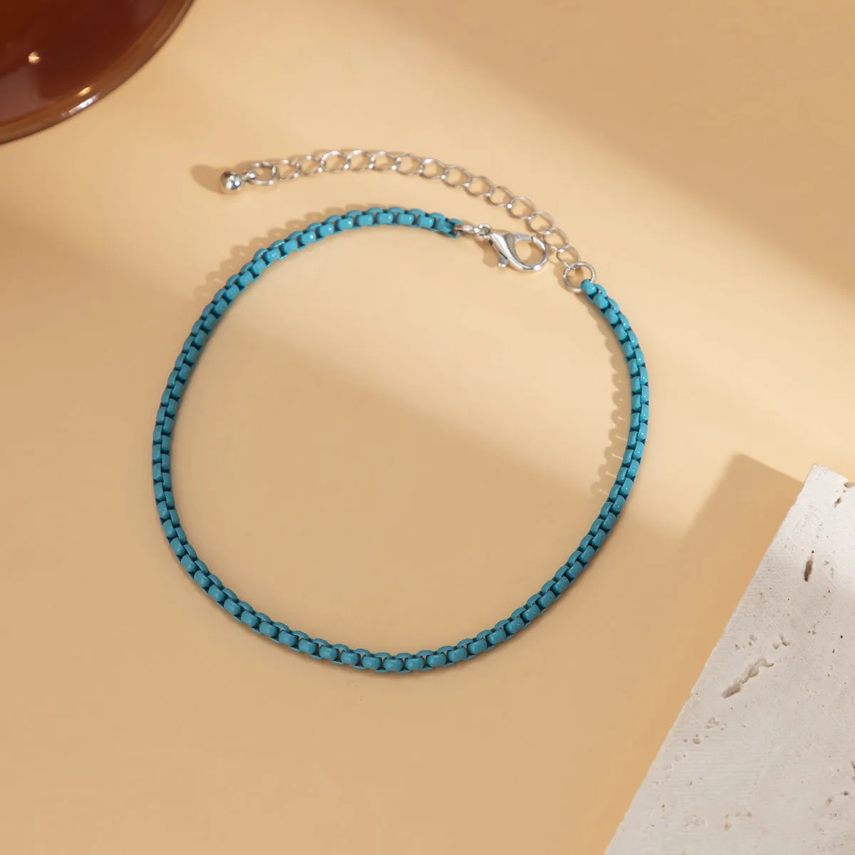 Blue Enamel & Silver-Plated Box Chain Anklet