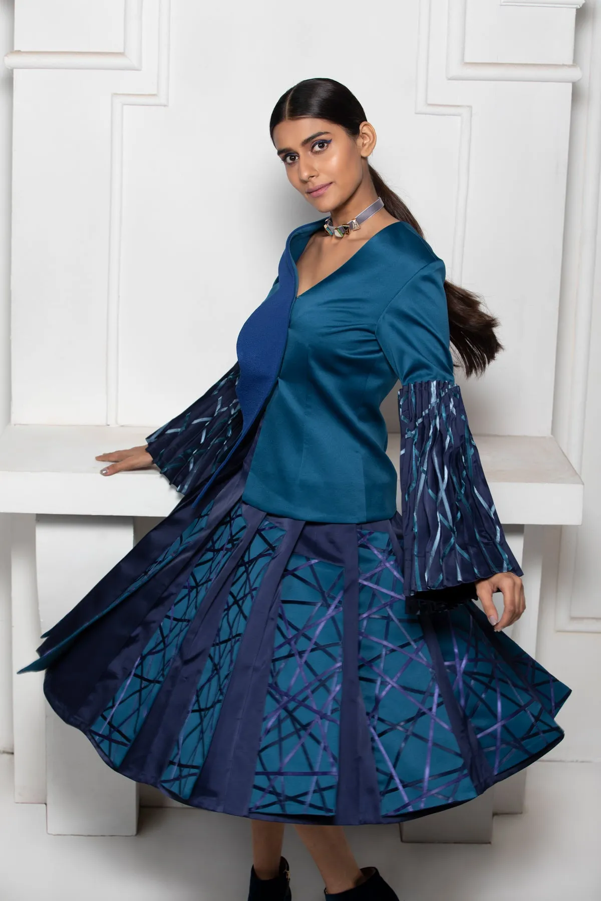 Blue Monotone Knife Pleat Skirt With Satin Ribbon Textile Panel Details