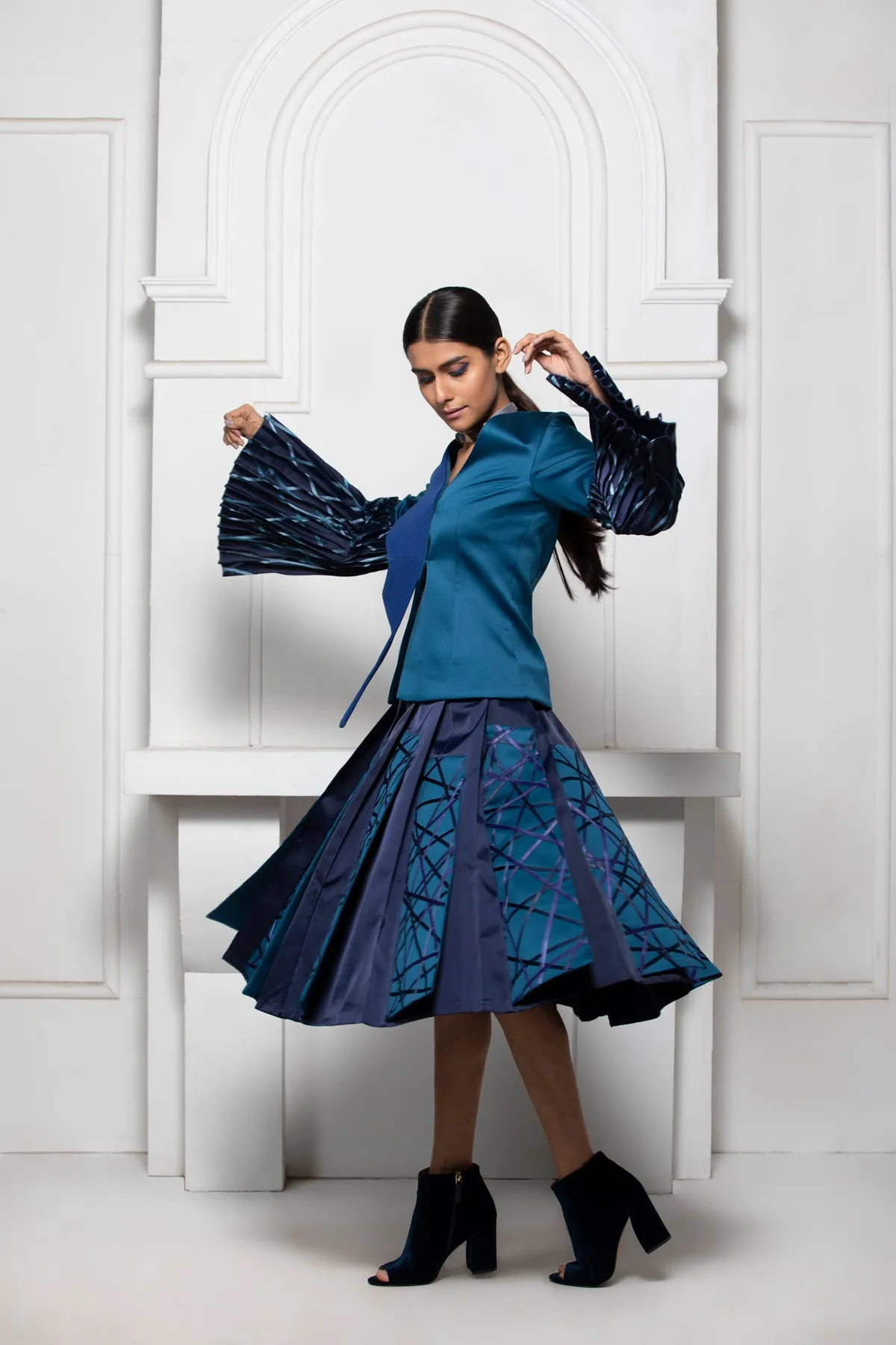 Blue Monotone Knife Pleat Skirt With Satin Ribbon Textile Panel Details