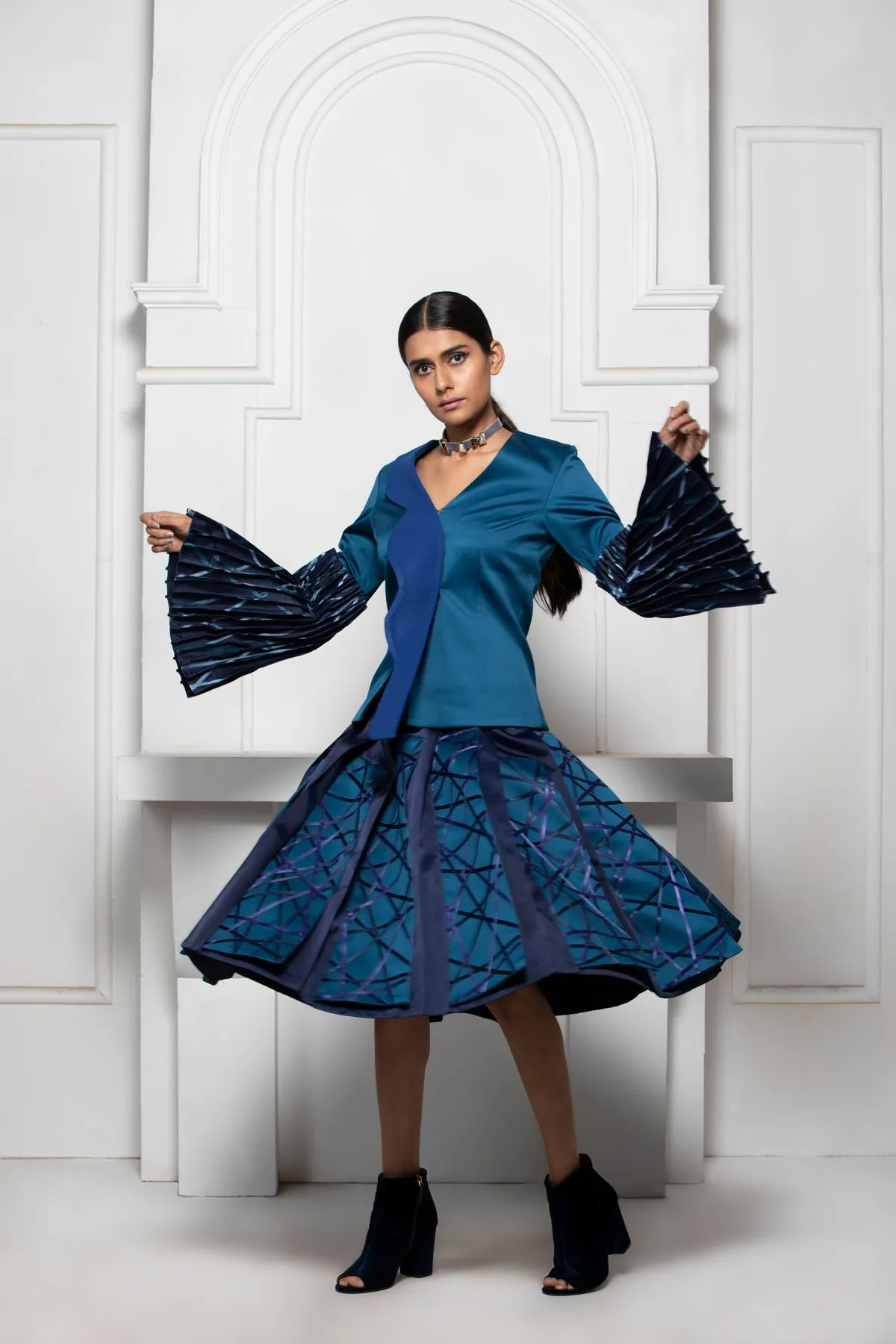 Blue Monotone Knife Pleat Skirt With Satin Ribbon Textile Panel Details