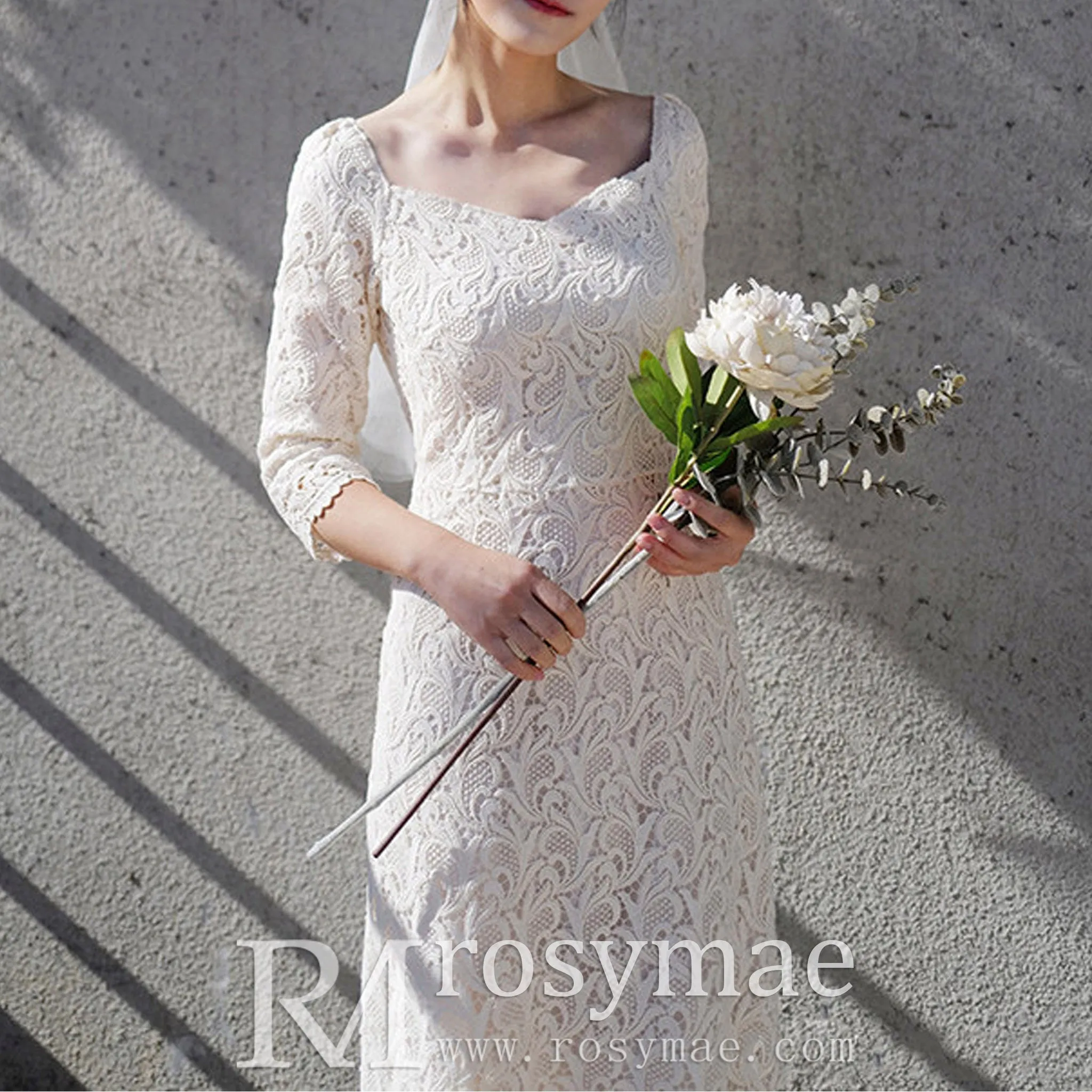 Boat Neck Mid Calf Lace Wedding Dress with Three Quarter Sleeve