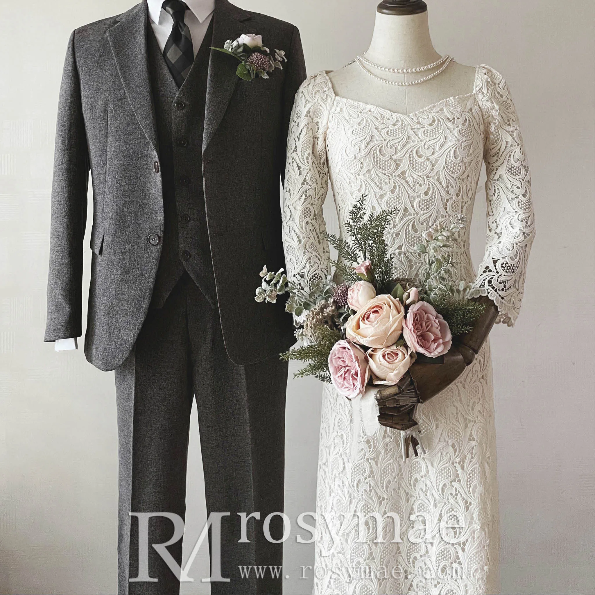 Boat Neck Mid Calf Lace Wedding Dress with Three Quarter Sleeve