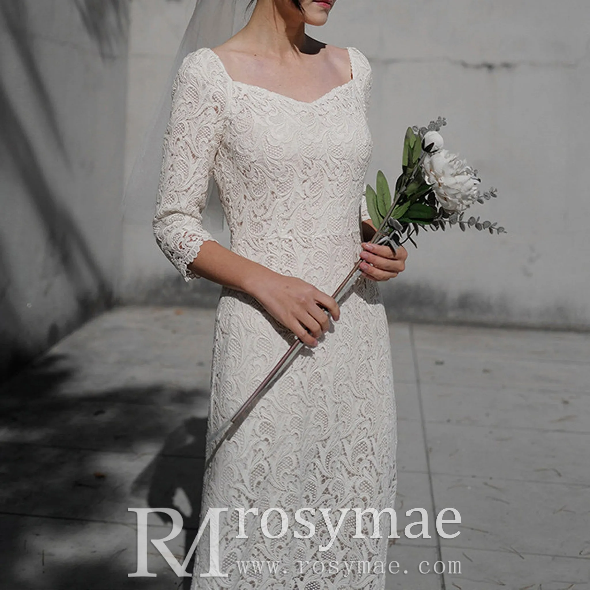 Boat Neck Mid Calf Lace Wedding Dress with Three Quarter Sleeve