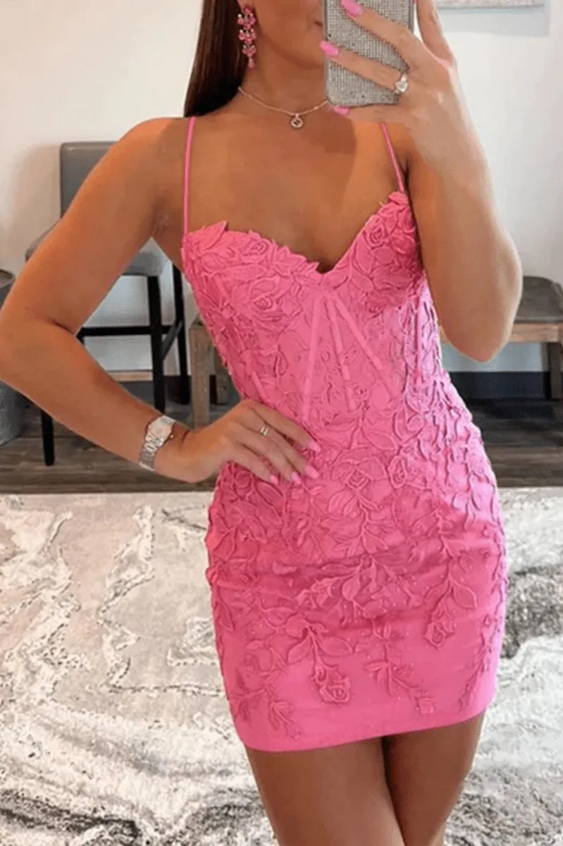 Bodycon Spaghetti Straps Tight Short Homecoming Dresses with Appliques