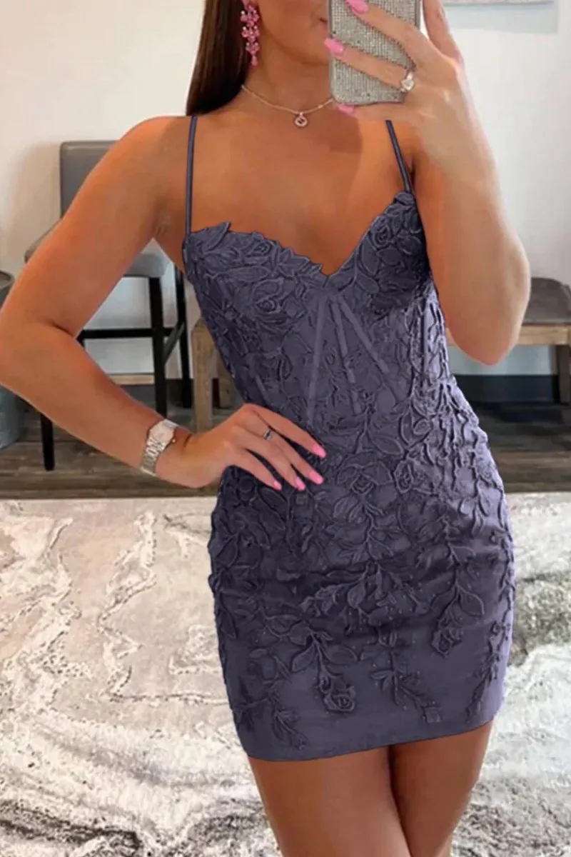 Bodycon Spaghetti Straps Tight Short Homecoming Dresses with Appliques