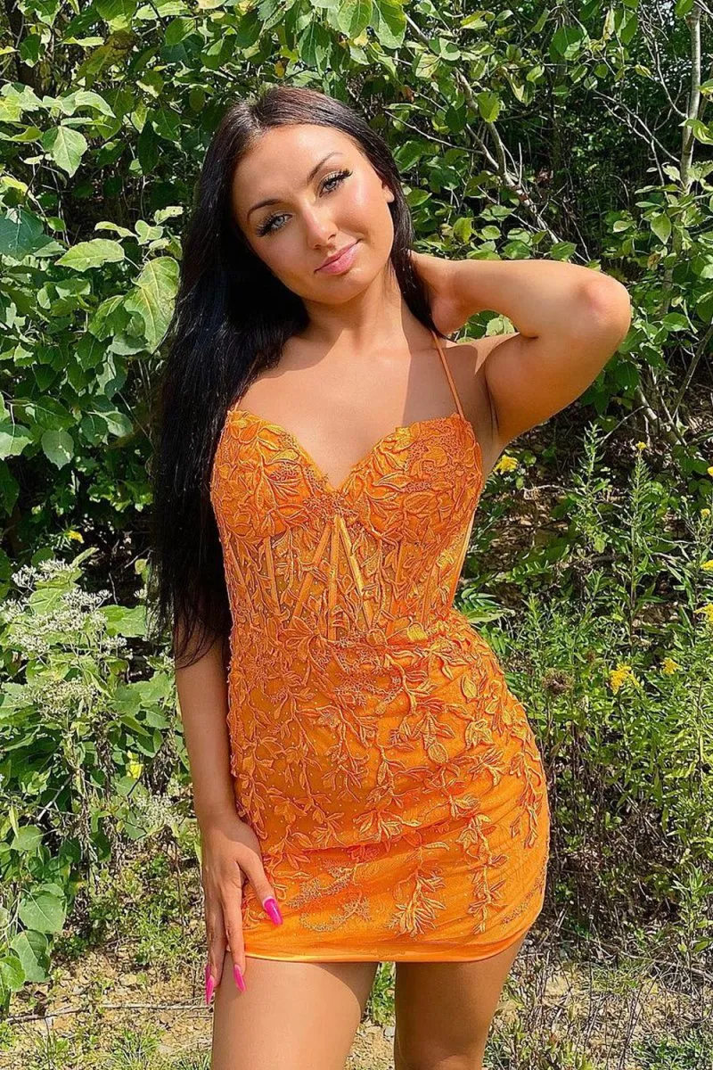Bodycon Spaghetti Straps Tight Short Homecoming Dresses with Appliques