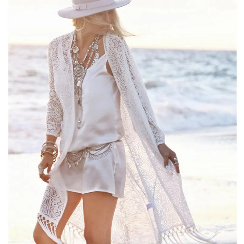 Boho Women Fringe Lace kimono cardigan White Tassels Beach Cover Up Cape Tops Blouses