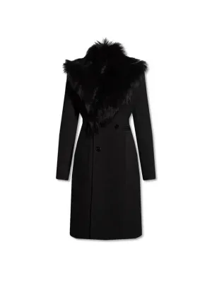 Bottega Veneta Detachable Shearling Collar Wool Slim Fit Double Coat Black