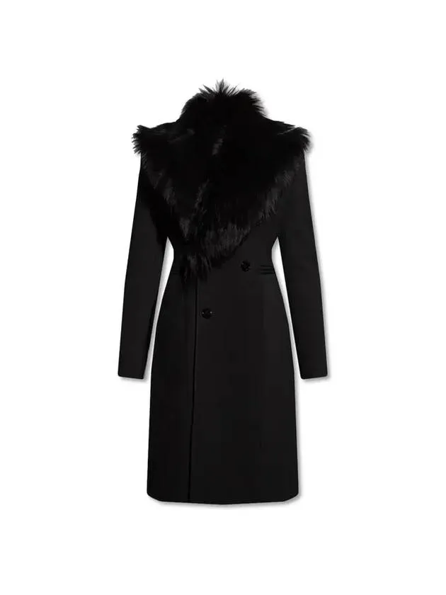 Bottega Veneta Detachable Shearling Collar Wool Slim Fit Double Coat Black