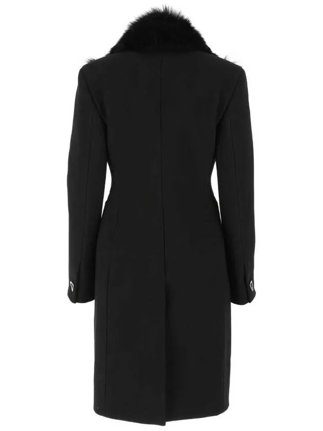 Bottega Veneta Detachable Shearling Collar Wool Slim Fit Double Coat Black