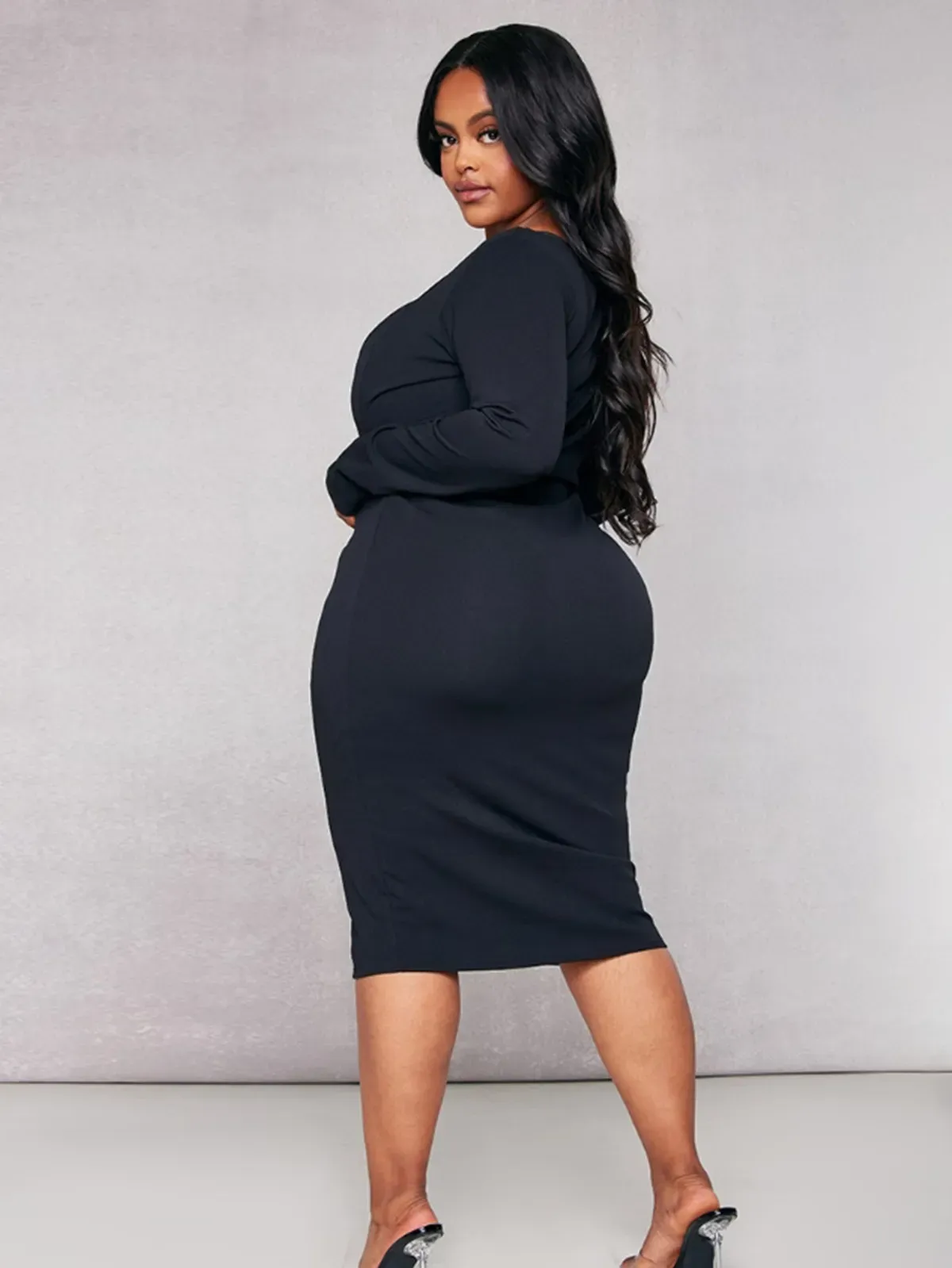 Bree Plus Size V-Neck Long-Sleeve Bodycon Midi Dress