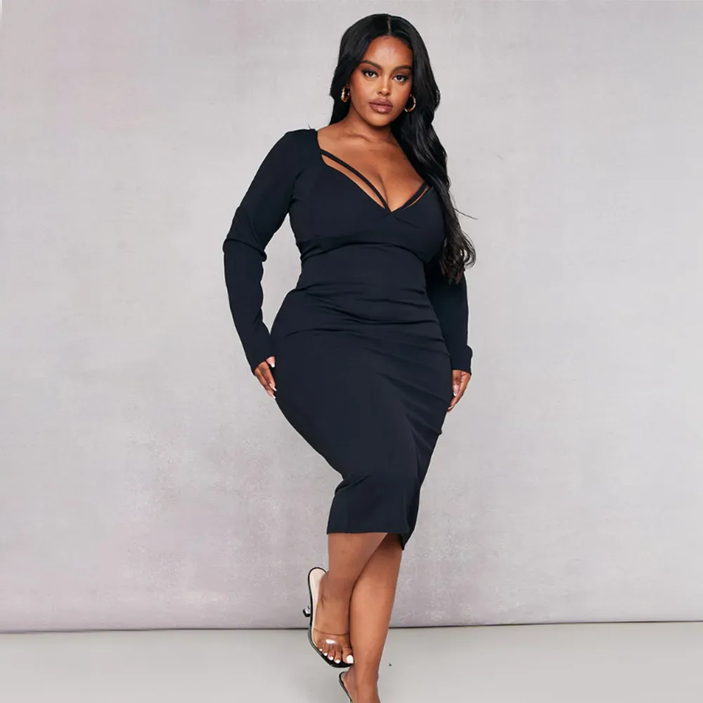 Bree Plus Size V-Neck Long-Sleeve Bodycon Midi Dress