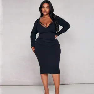 Bree Plus Size V-Neck Long-Sleeve Bodycon Midi Dress