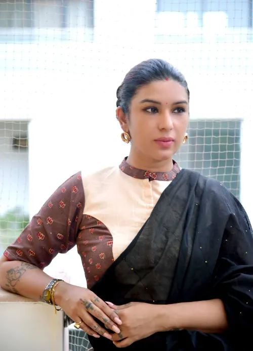 Brown Cream Ajrakh Block Print Cotton Blouse