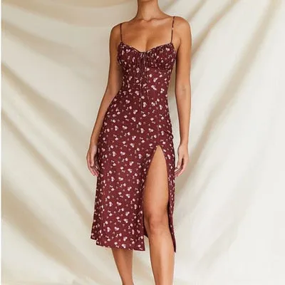 Burgundy High Split Floral Dress