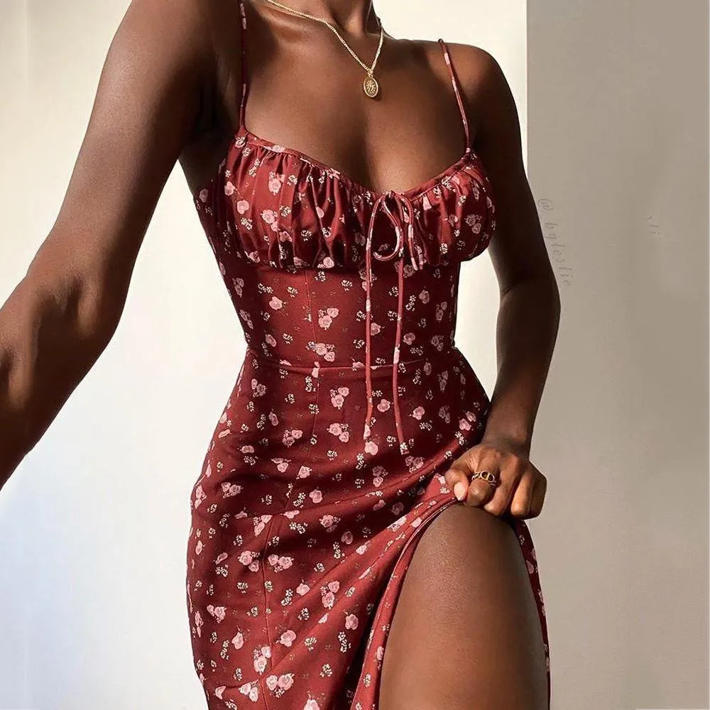 Burgundy High Split Floral Dress