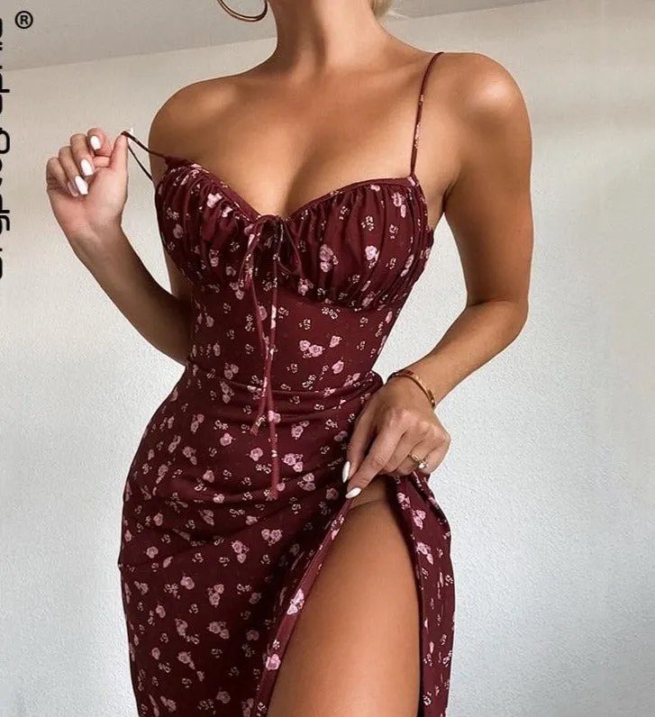 Burgundy High Split Floral Dress
