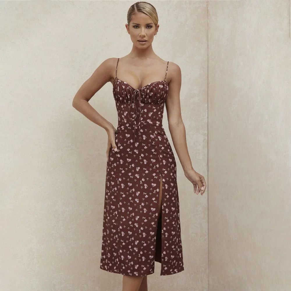 Burgundy High Split Floral Dress
