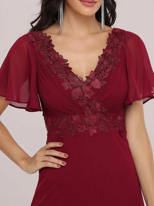 Burgundy Prom Dress A-Line V-Neck Backless Chiffon Short Sleeves Floor-Length Guest Dresses