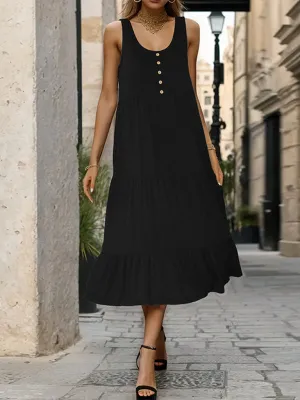 Button-Front Sleeveless Mid-Length Dress with Tiered Design
