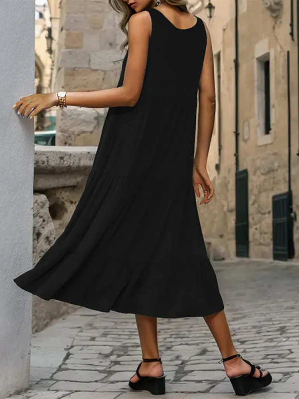 Button-Front Sleeveless Mid-Length Dress with Tiered Design