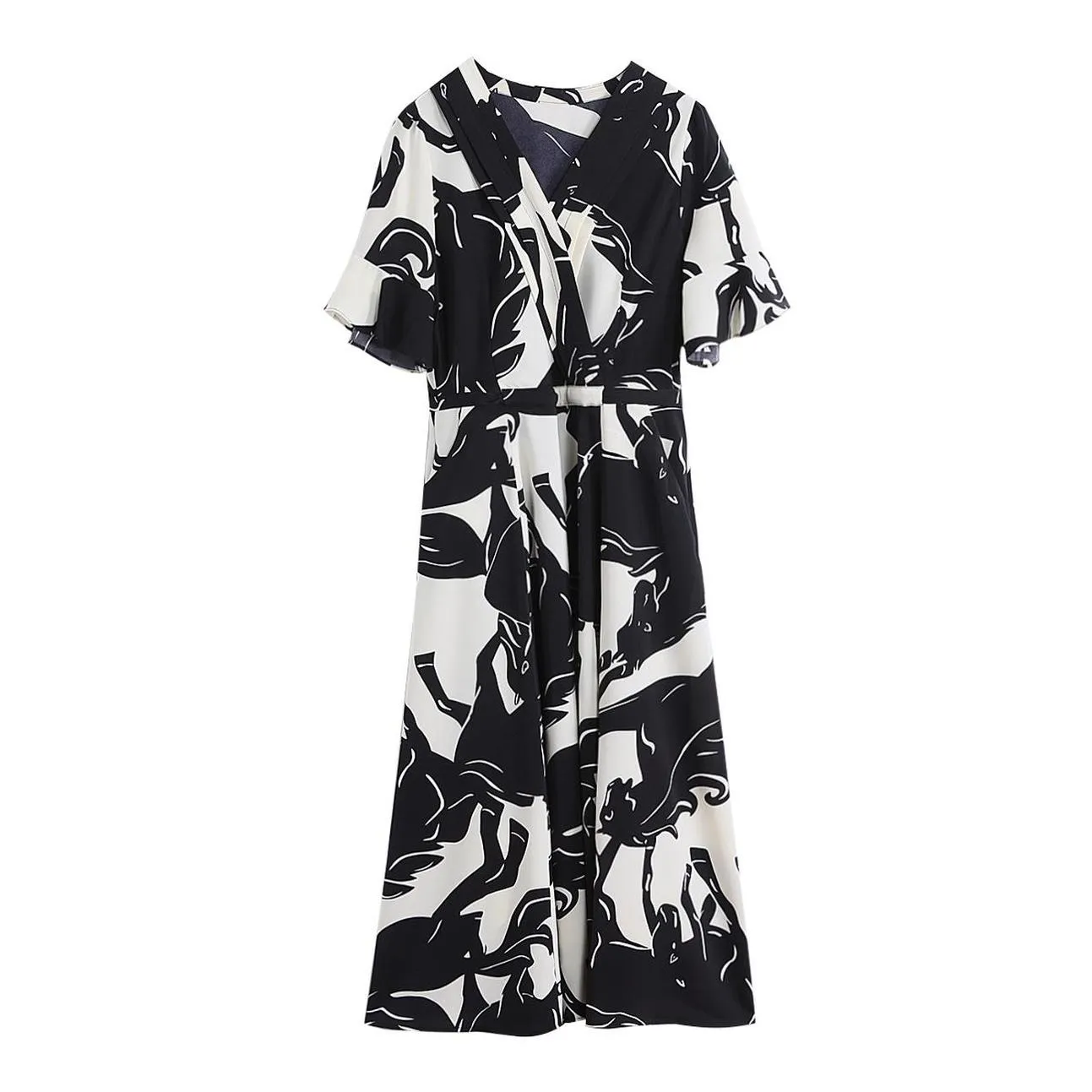 Calf-length Chiffon Sundress with Plunge Neckline