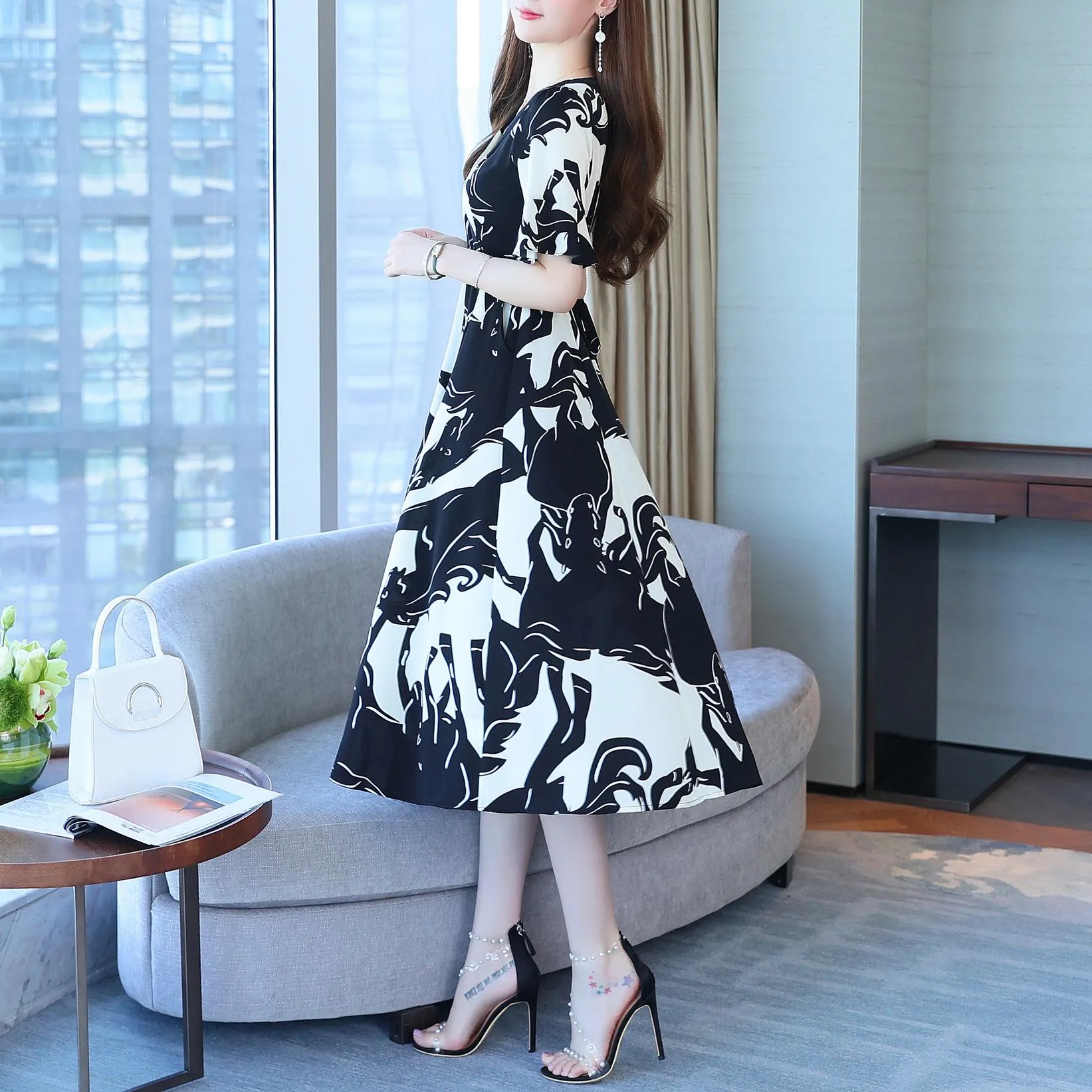 Calf-length Chiffon Sundress with Plunge Neckline