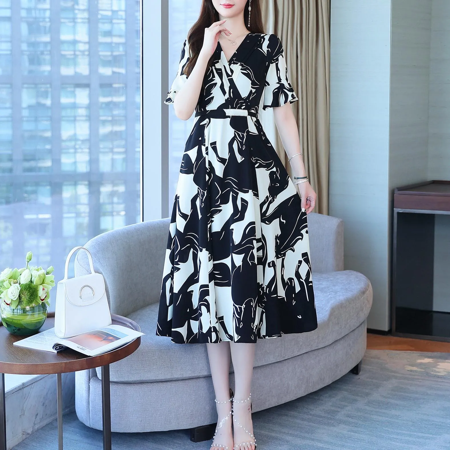 Calf-length Chiffon Sundress with Plunge Neckline