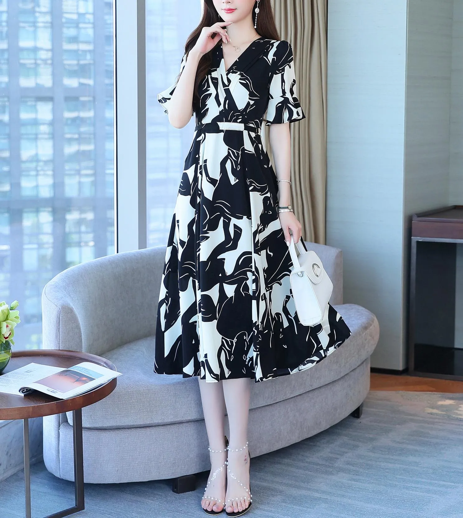 Calf-length Chiffon Sundress with Plunge Neckline