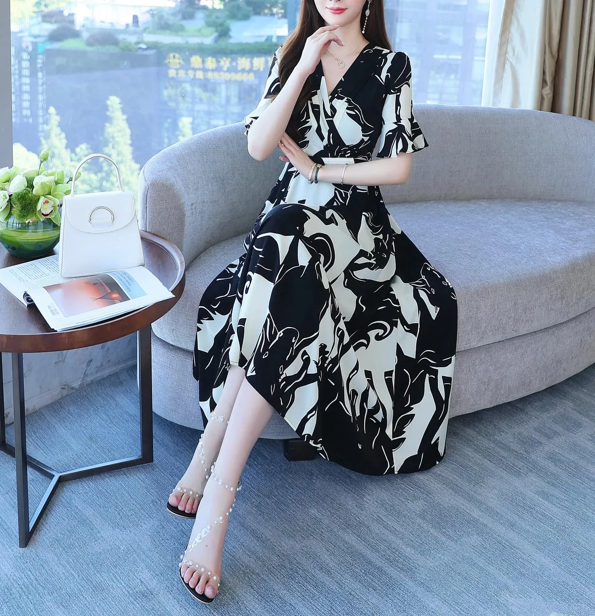 Calf-length Chiffon Sundress with Plunge Neckline