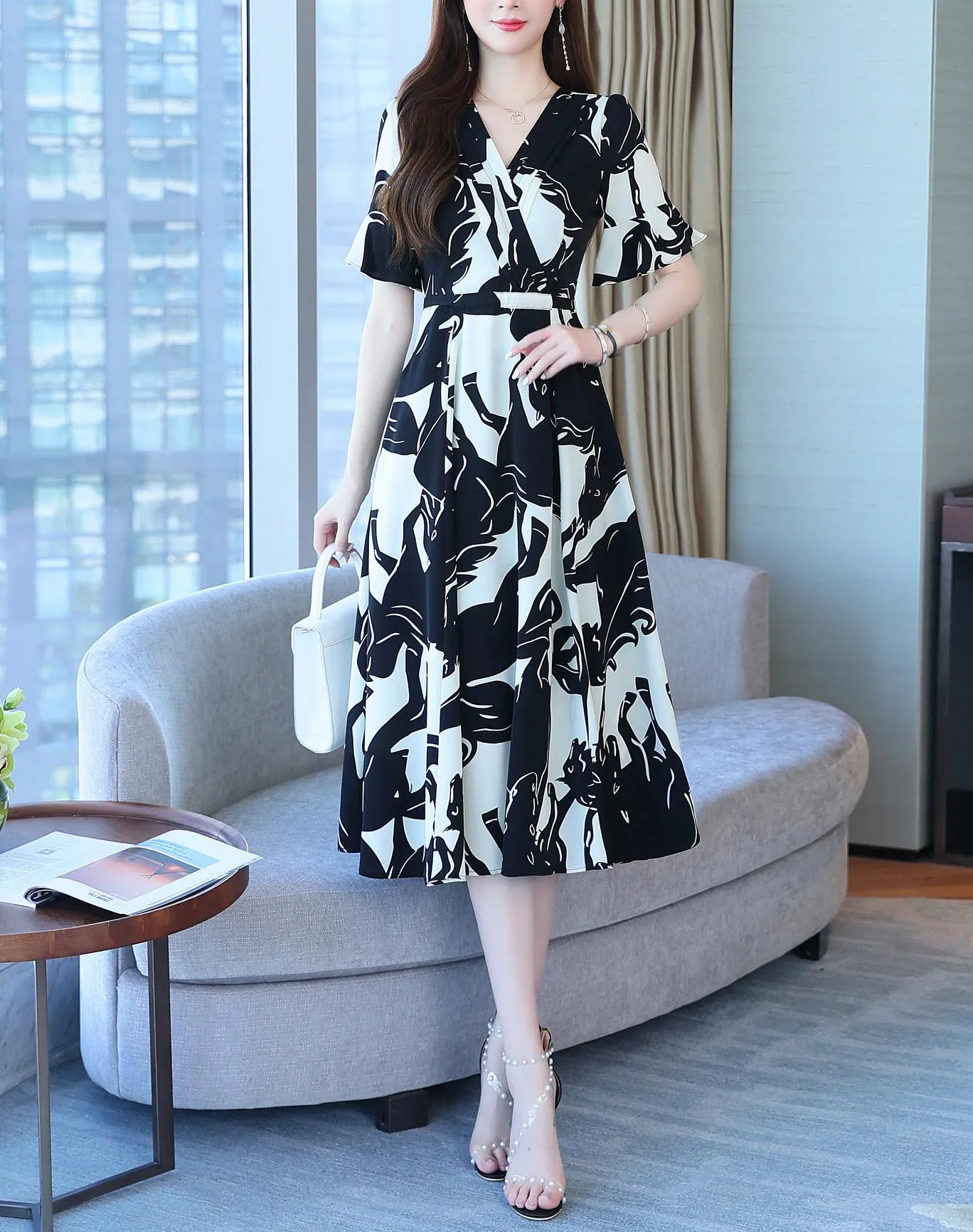 Calf-length Chiffon Sundress with Plunge Neckline