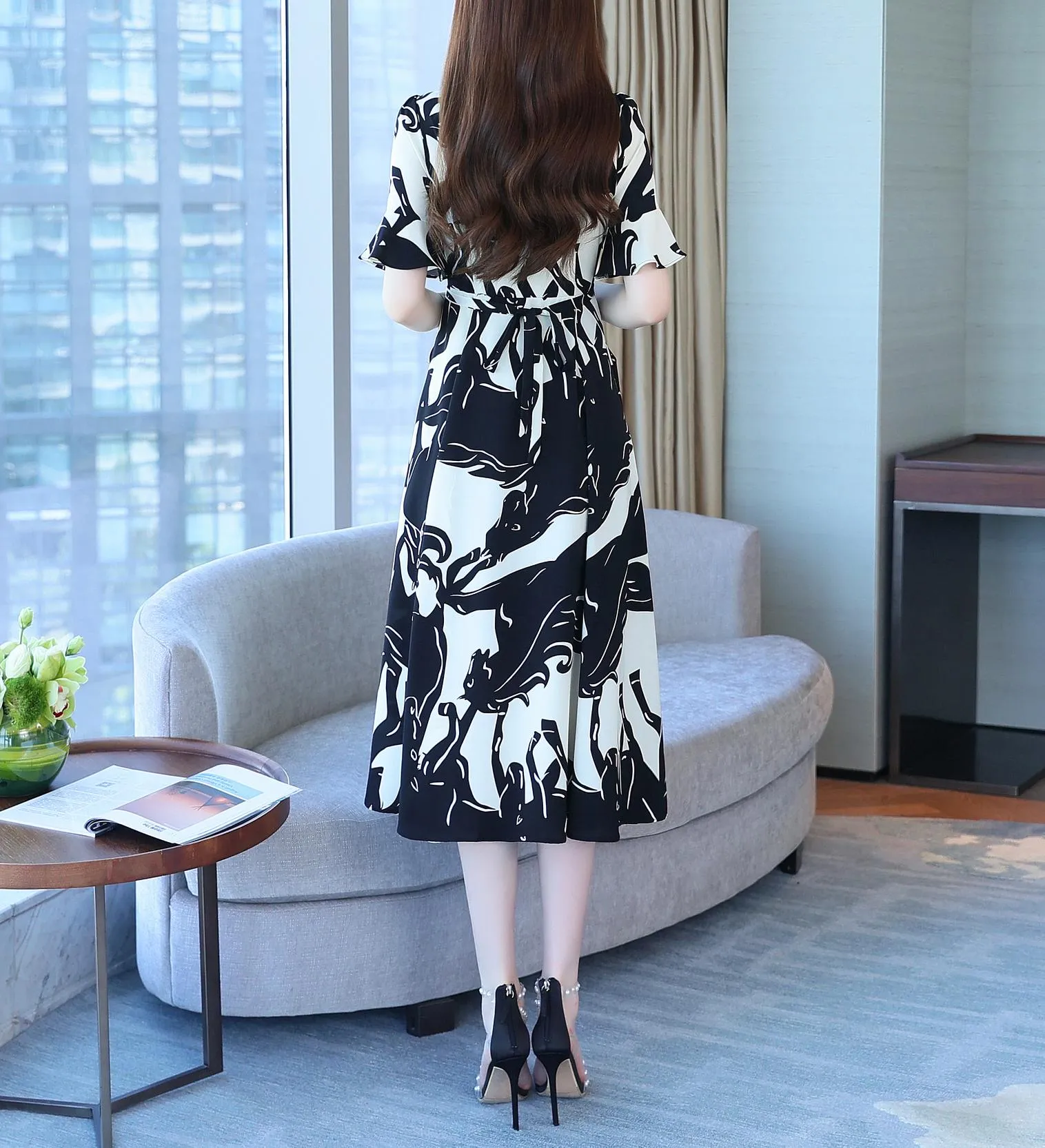 Calf-length Chiffon Sundress with Plunge Neckline