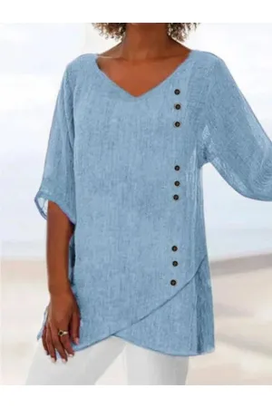 Camila Casual Blue Blouse V-Neck Half Solid Sleeve with Buttons