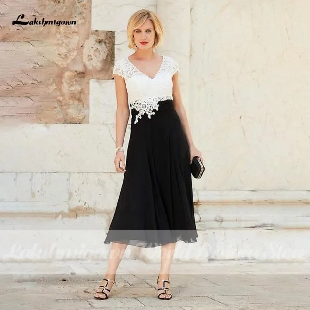 Cap Sleeves Tea-length Chiffon Lace Mother of the Bride Dresses
