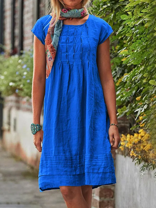 Casual Mid-Length Dress with Pleated Front and Short Sleeves