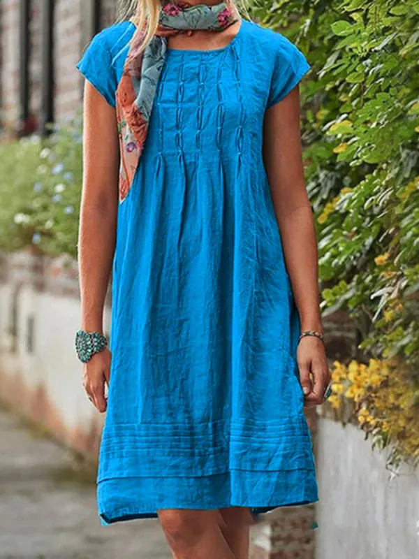 Casual Mid-Length Dress with Pleated Front and Short Sleeves