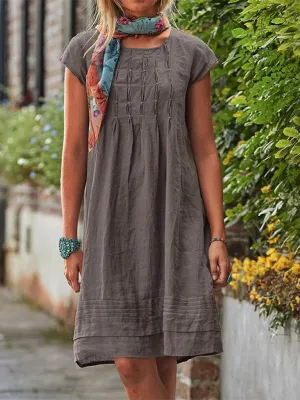 Casual Mid-Length Dress with Pleated Front and Short Sleeves