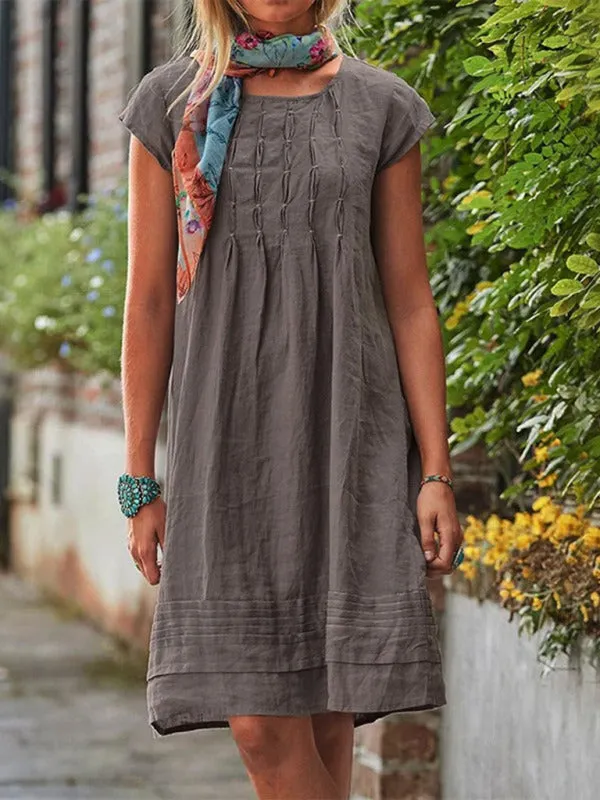 Casual Mid-Length Dress with Pleated Front and Short Sleeves